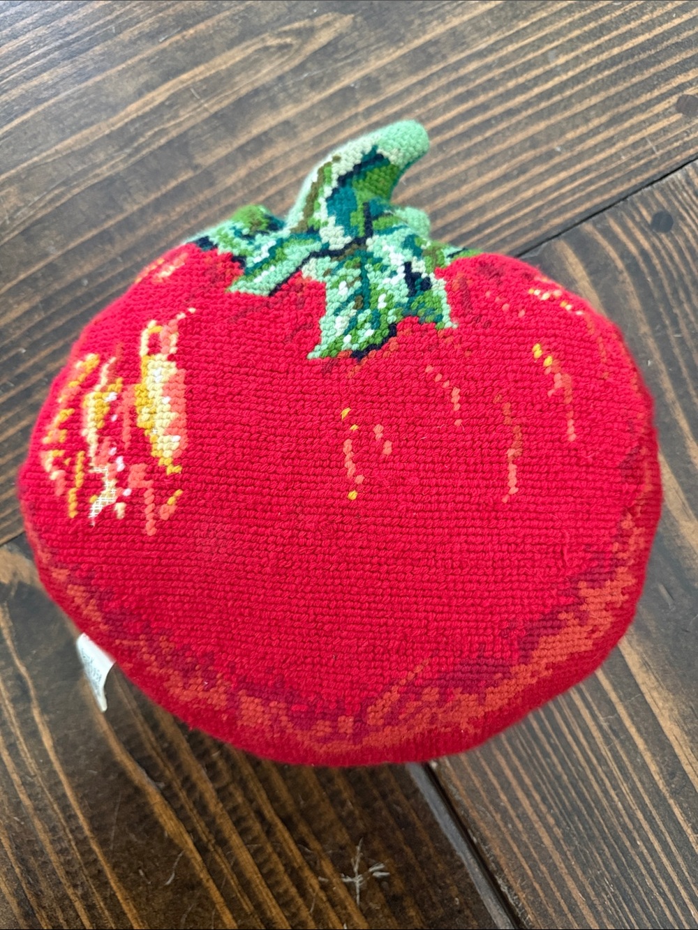 Tomato-Shaped Needlepoint Accent Pillow in Red with Green Top